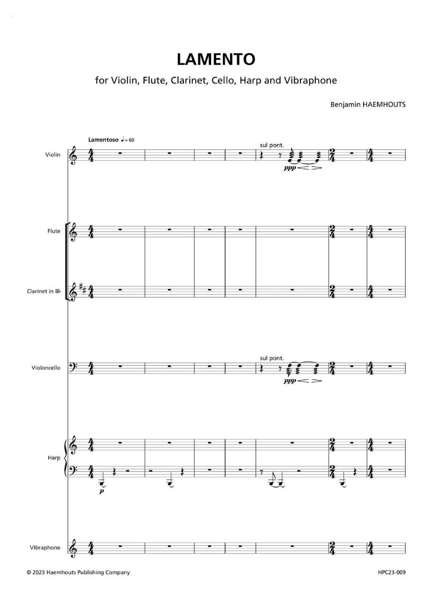 LAMENTO – for Violin, Flute, Clarinet, Violoncello, Harp and Vibraphone