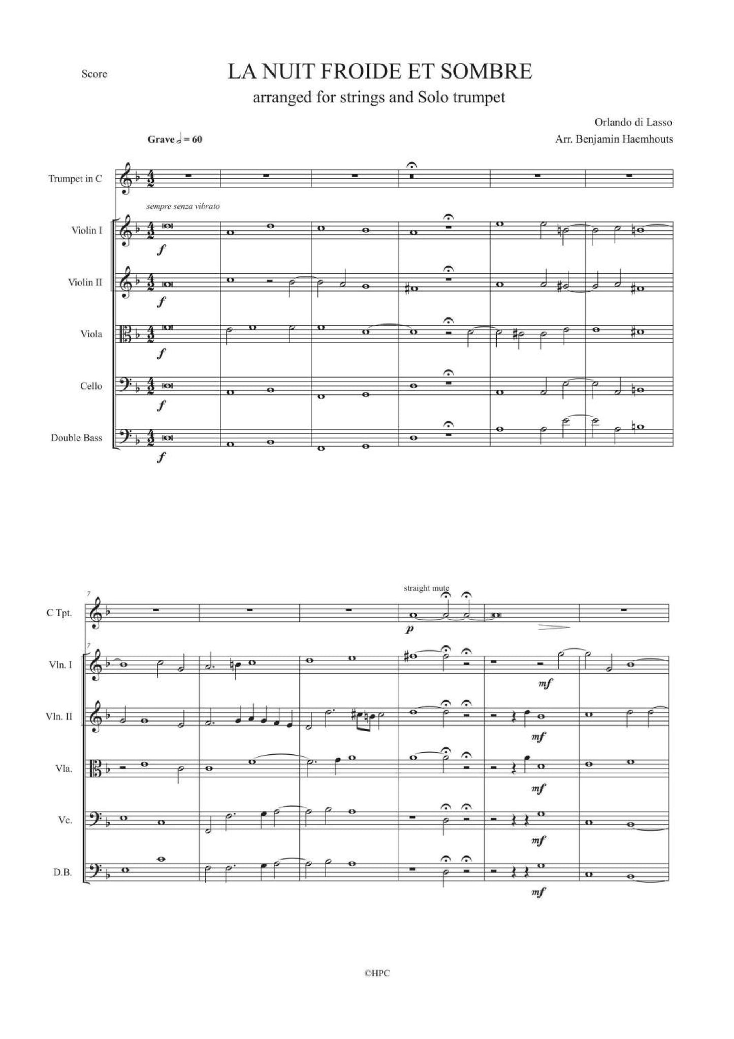 LA NUIT FROIDE ET SOMBRE – arranged for String Quintet and Solo Trumpet