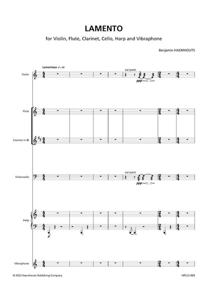 LAMENTO – for Violin, Flute, Clarinet, Violoncello, Harp and Vibraphone